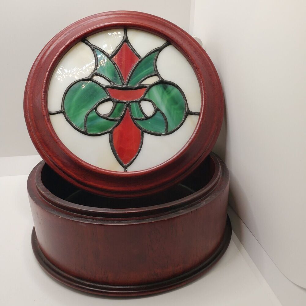Vintage Clarity Round Cherry Stained Stained Glass Trinket Jewerly Box 7.5 Inch